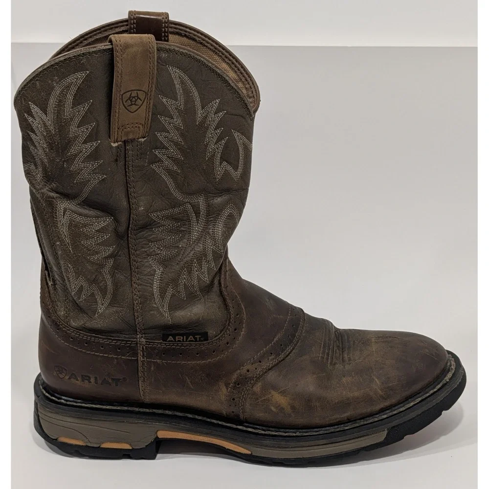 Ariat Men's WorkHog Pull-On soft toe Boots 11D Aged Bark Brown Leather 10001188